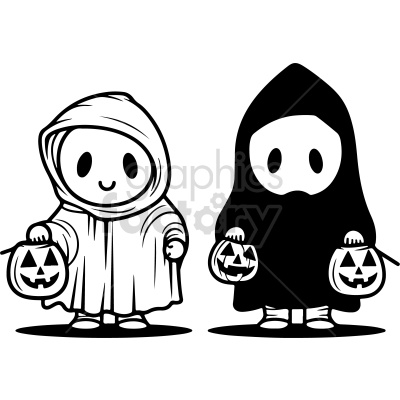 black and white kids dressed up for halloween vector clip art