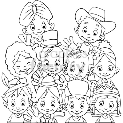 black and white group of students of different ethnicities cartoon