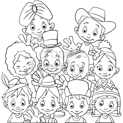 A black and white clipart illustration of a diverse group of children wearing various cultural costumes, smiling and waving.