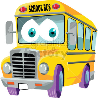 This clipart image features a cheerful yellow school bus with a cartoonish style, characterized by large expressive eyes and a smiling front grille.