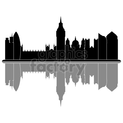 A clipart image depicting the skyline of London, including famous landmarks like the Big Ben and the Gherkin, with their reflections on the water.