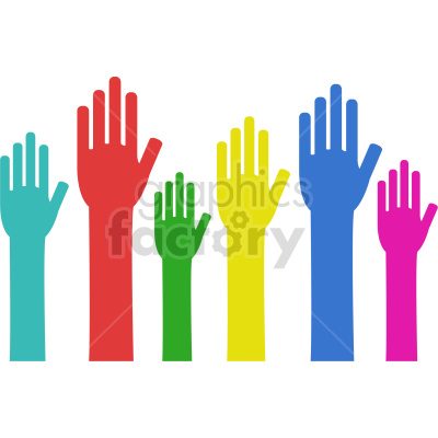 The clipart image displays six raised hands in various colors, including turquoise, red, green, yellow, blue, and pink, indicating diversity and participation.