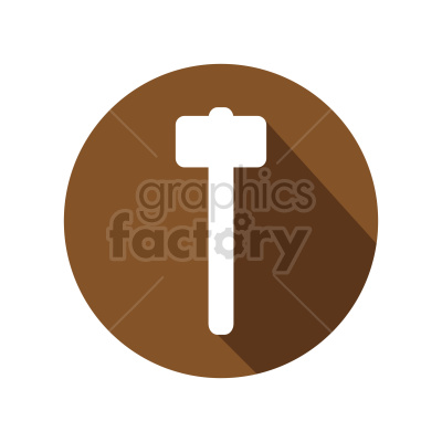 A simplistic flat design icon of a white hammer depicted inside a brown circle with a shadow effect.