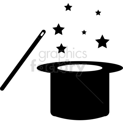 A black and white clipart image of a magic top hat with stars and a magic wand.