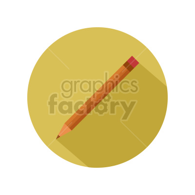 Clipart illustration of a pencil with an orange body and red eraser, set against a yellow circular background.