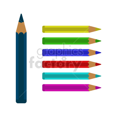 Clipart image of seven colored pencils arranged horizontally, with one large dark blue pencil on the left and six smaller pencils in yellow, green, blue, red, turquoise, and pink arranged vertically on the right.