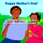African american Mom and child blowing bubbles.