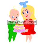 Animated mother and child holding flowers and a birthday cake