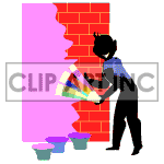 Animated man trying to match the colors of a purple brick wall.