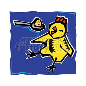   This clipart image depicts a stylized yellow chick, often associated with chickens and farms. The chick appears to be in motion with one wing extended and one foot forward. The background is a solid color with a rough border, contrasting with the simplicity of the chick