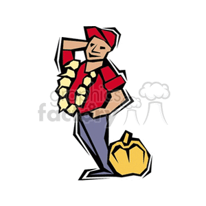 The clipart image features a stylized representation of a farmer wearing a red hat and shirt, with a string of garlic cloves around his neck. Beside the farmer, there is a large, yellow pumpkin. The artwork captures elements commonly associated with farming and agriculture.