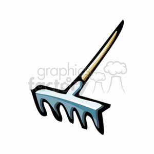 The image depicts a stylized clipart of a garden rake with a blue head and a wooden handle.