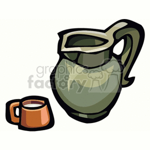 The image is a simplified or stylized clipart featuring a large pitcher, which seems to contain milk, and a smaller cup filled with what appears to be the same liquid, presumably milk as well. The shapes are defined with bold outlines, and the colors are flat with some shading to add dimension.