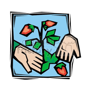 Abstract hands picking fresh, ripe strawberries from plant