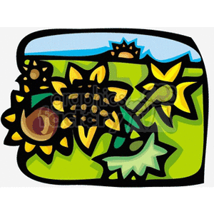 The clipart image depicts an abstract representation of a sunny day in what appears to be a field of sunflowers. The elements in the image include a cheerful sun with rays, dark and light green patches that could signify fields or hills, and several stylized sunflowers with prominent brown centers and yellow petals. The overall feel of the image is bright and summery, with a playful, cartoonish style.