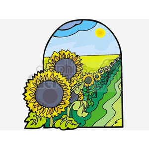 The clipart image depicts a sunny landscape scene with a bright sun in a blue sky, and two large sunflowers in the foreground. Behind the sunflowers, there's a field with rows of crops or possibly more flowers, suggestive of an agricultural setting.