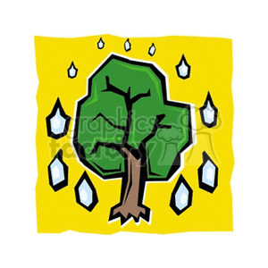 The clipart image presents an abstract and stylized depiction of a green tree with a brown trunk in the center, surrounded by a yellow background suggesting either light or energy. Multiple blue raindrops are falling around the tree, indicating that it is raining.