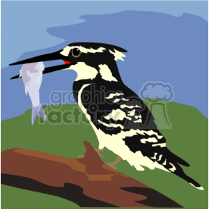 The clipart image shows a cartoonish depiction of a bird with a fish in its beak. It looks like a kingfisher, or similar type of bird