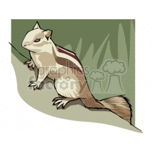 This image features a stylized depiction of a chipmunk. The chipmunk has distinctive stripes along its back and is climbing or poised on the slope of a hill or rock. The animal appears alert and has a bushy tail.