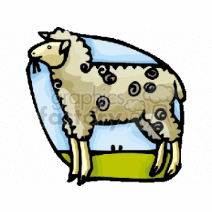The clipart image shows a stylized drawing of a lamb or sheep with wool, depicted with swirl patterns on its body. It appears to be standing on a patch of green, which could be grass. The sheep or lamb seems to be in a peaceful, calm state but does not clearly show the animal eating flowers, so the description might be a bit misleading. The background is a simple blue, possibly indicating sky.