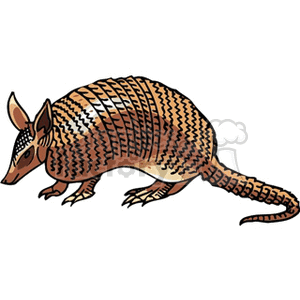   The clipart image features an armadillo. Armadillos are known for their distinctive armor-like shell and long tail. The style of the drawing is cartoonish, with a mix of brown hues that replicate the animal