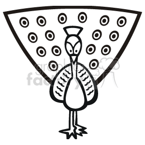 The image is a line-art drawing of a peacock with its plumage spread out. The peacock is drawn in a cartoon-like style, and its feathers are composed of various circles