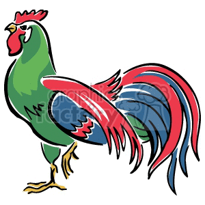 This image features a colorful, stylized clipart illustration of a rooster. The rooster is depicted with a green body and vibrant red, blue, and white tail feathers.