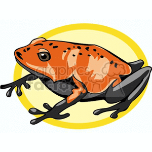 The clipart image depicts a stylized red frog with black spots, which is reminiscent of a poison dart frog, a group of frogs known for their brightly colored skin and toxicity. The frog is positioned against a yellow circular background that gives contrast to the red and black colors of the amphibian.