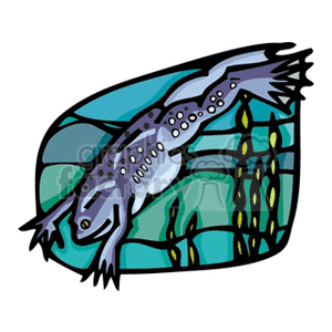 The clipart image features a stylized depiction of a blue and gray spotted frog in mid-leap. The background suggests the frog is over or near water, indicated by the green and blue pattern, which is possibly representing lily pads and water.