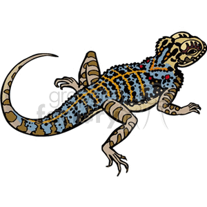 The image depicts a stylized graphic or clipart of a lizard. It showcases the animal in a side profile with a detailed skin pattern that includes various colors and spots.