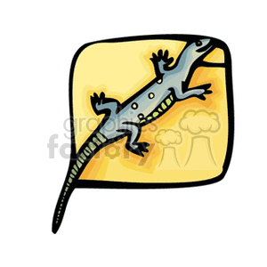 The clipart image features a stylized representation of a lizard with a yellow and orange background. The lizard is drawn in a cartoonish manner with visible limbs, fingers, tail, and patterns on its back.