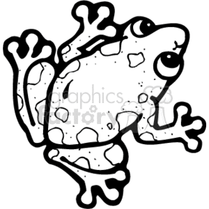 The clipart image shows a cartoon depiction of a tree frog in black and white. The frog has a country style appearance, with its oversized feet and bulging eyes. This amphibian is commonly found in tropical regions and is known for its ability to climb trees.