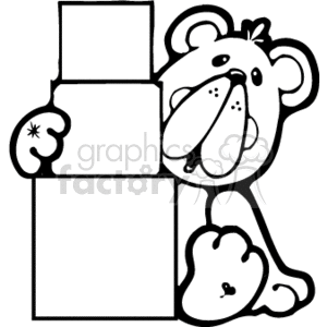 A black and white drawing of a teddy bear holding a block