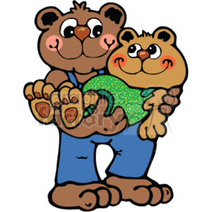 The clipart image shows a cartoon-style teddy bear family consisting of a father bear and a son bear. They are both wearing country-style clothing, with the father wearing a denim overalls.
