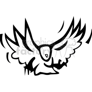 The clipart image depicts a stylized representation of a bird in flight, with its wings spread wide and its tail feathers extended. Its head is facing forward, giving a sense of motion. The contours are bold and abstract, with a stark black and white color scheme giving a strong graphic contrast.