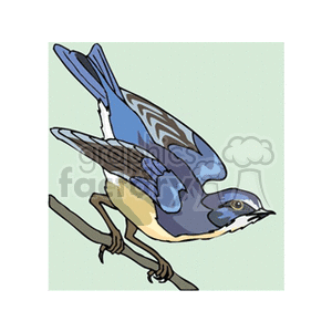 A clipart image of a blue bird with detailed feather patterns, perched on a branch.