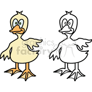 A clipart image featuring two cartoon-style ducks. The duck on the left is colored in pale yellow with orange beak and feet, while the duck on the right is in black and white outline, suitable for coloring.
