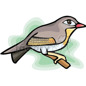 A clipart image of a bird with brown and yellow feathers perched on a branch with a green abstract background.