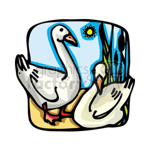 A colorful clipart image featuring two white ducks or geese. One is standing while the other is sitting on the ground, with a scenic background including tall grass and a bright sun.