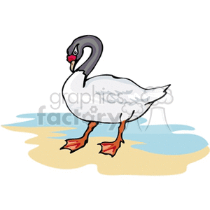 Colorful clipart image of a goose standing on the shore.