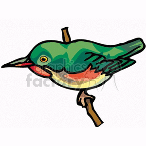 A colorful clipart image of a green bird with red and yellow accents perched on a branch.