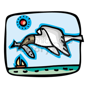 A colorful clipart image depicting a bird in flight holding a fish in its beak with a sun and a sailboat on the ocean in the background.