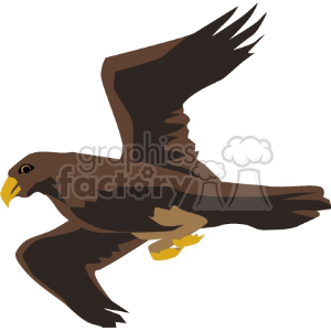 A clipart image of a brown eagle in flight, with outstretched wings and a yellow beak.