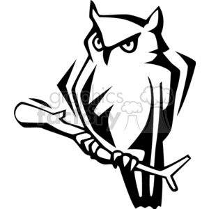 Black and white clipart image of an owl perched on a branch.