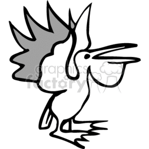 A black and white clipart image of a stylized bird, possibly a pelican, with simple lines and exaggerated features.