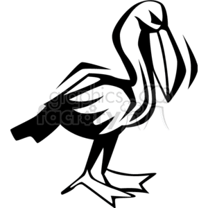 Black and white clipart image of a pelican with distinct lines and shapes.