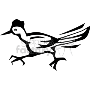 Black and white clipart image of a stylized bird, resembling a road runner, in a dynamic running pose.