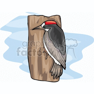 Clipart image of a woodpecker perched on a tree trunk with a blue background.