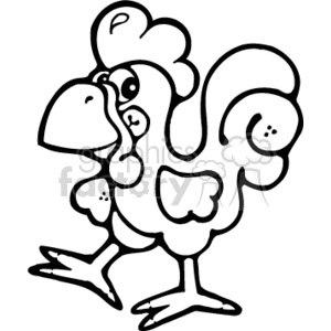   The image is a black and white clipart of a rooster. The rooster appears to be stylized with shapes representing its feathers, wings, and comb. It