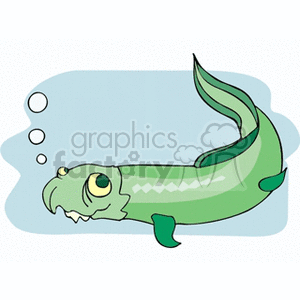 The image is a cartoon representation of a green eel with a light underbelly, featuring bubbles coming from its mouth, indicating it is underwater.